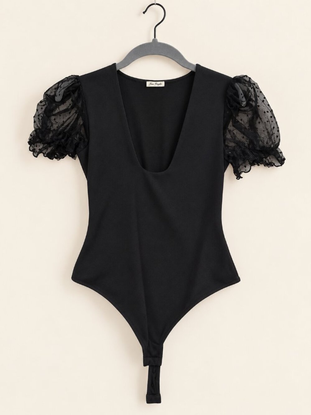 Free People Intimately Black Lace Puff Sleeve Bodysuit